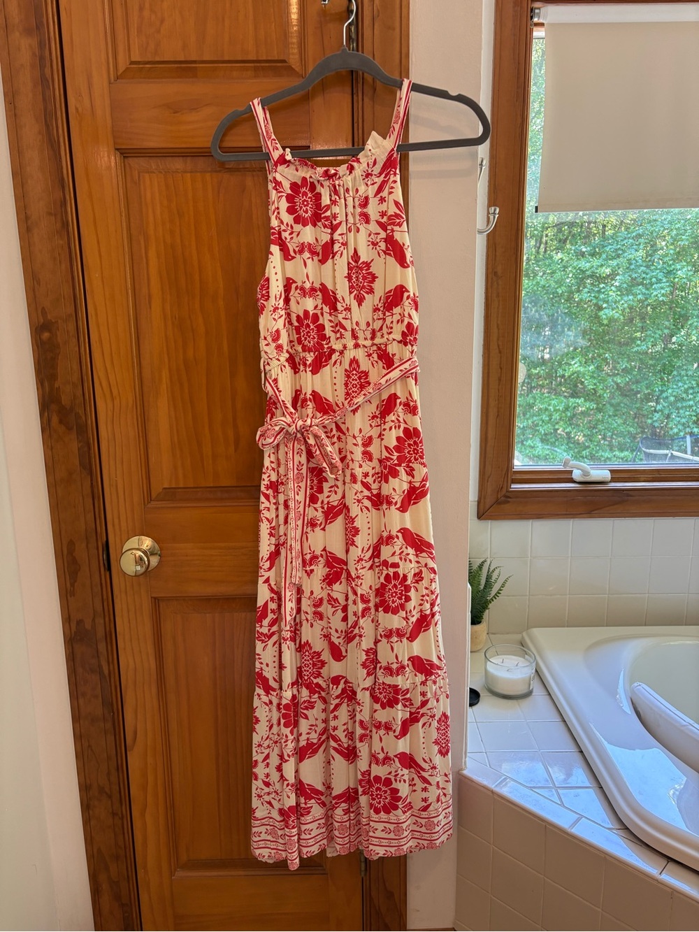 Blu Pepper Cream Maxi Dress with Red Floral Bird Print